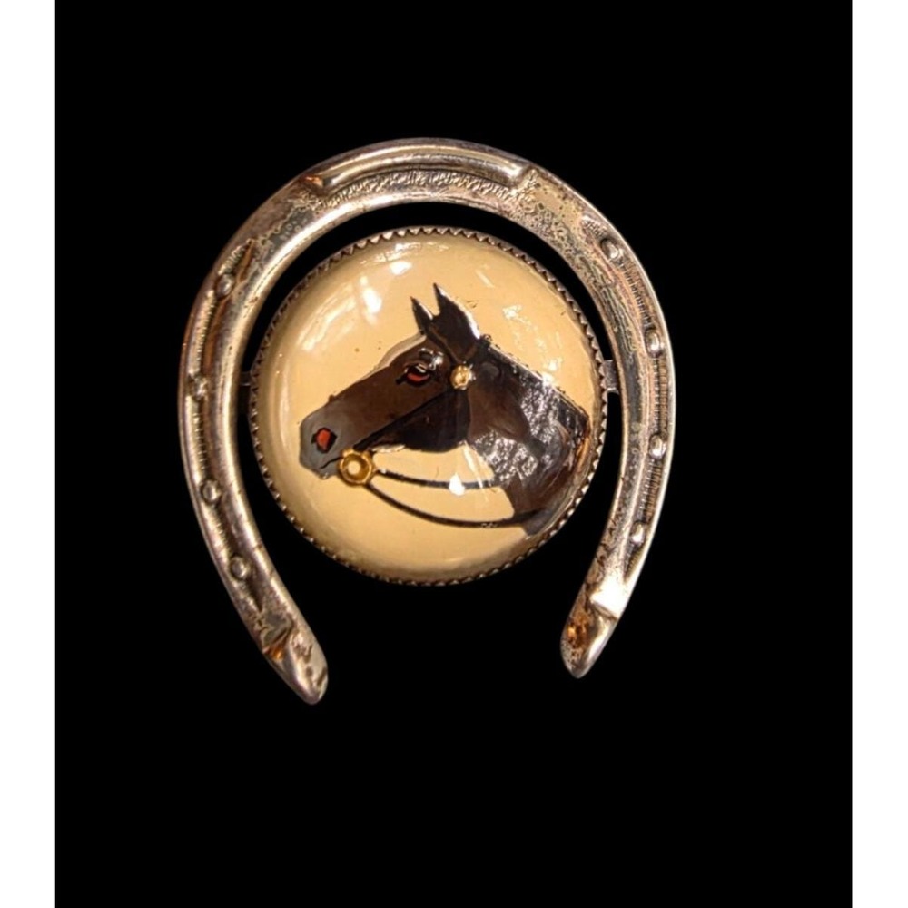Vintage Beau Sterling Silver Essex Crystal Intaglio Horse Horseshoe Pin Brooch
